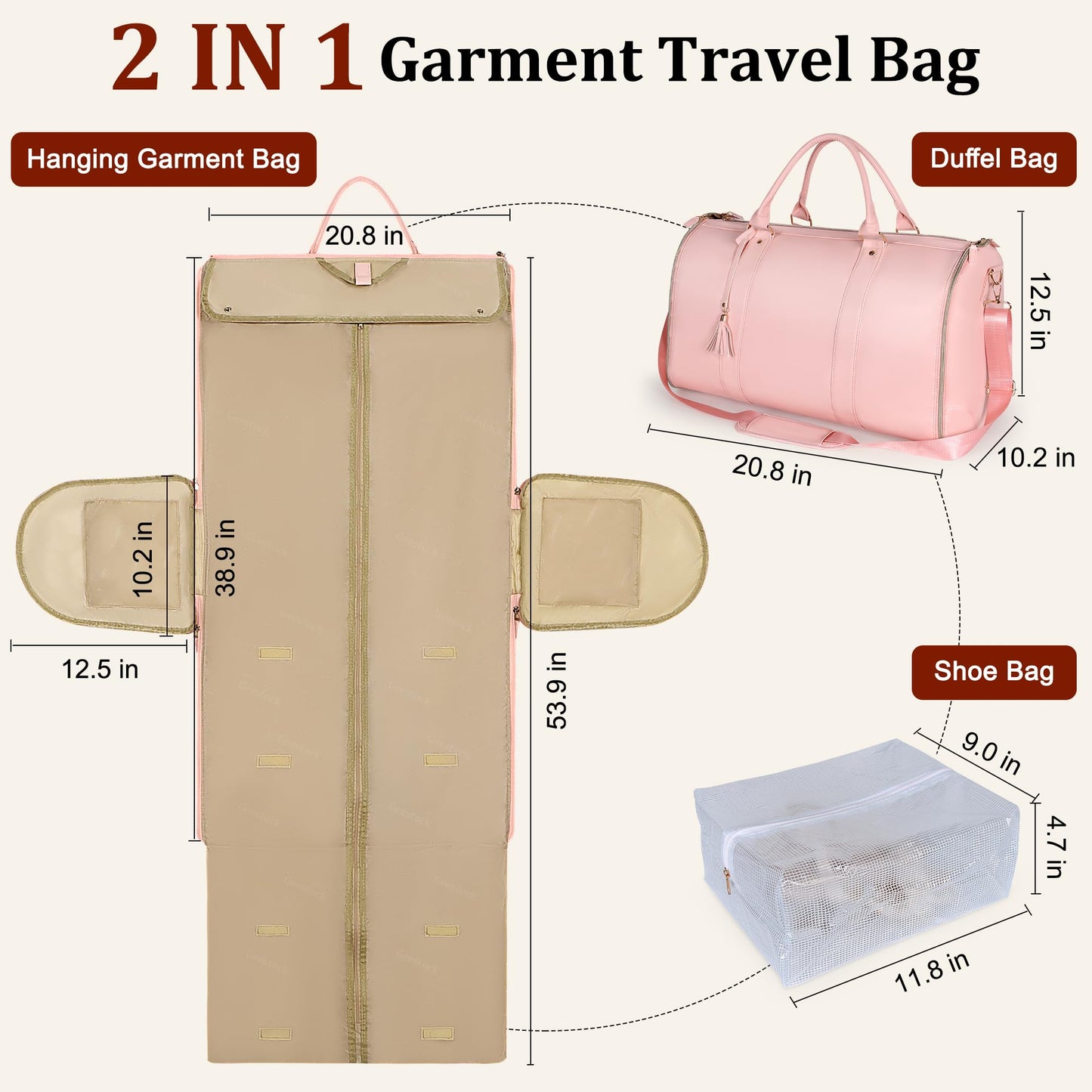 Convertible Garment Duffle Bag for Travel, Carry On Garment Bag with Shoe Pouch, PU Leather, 2 in 1 Hanging Suit Travel Bags Large Weekender Overnight Bags for Women Men (Pink)