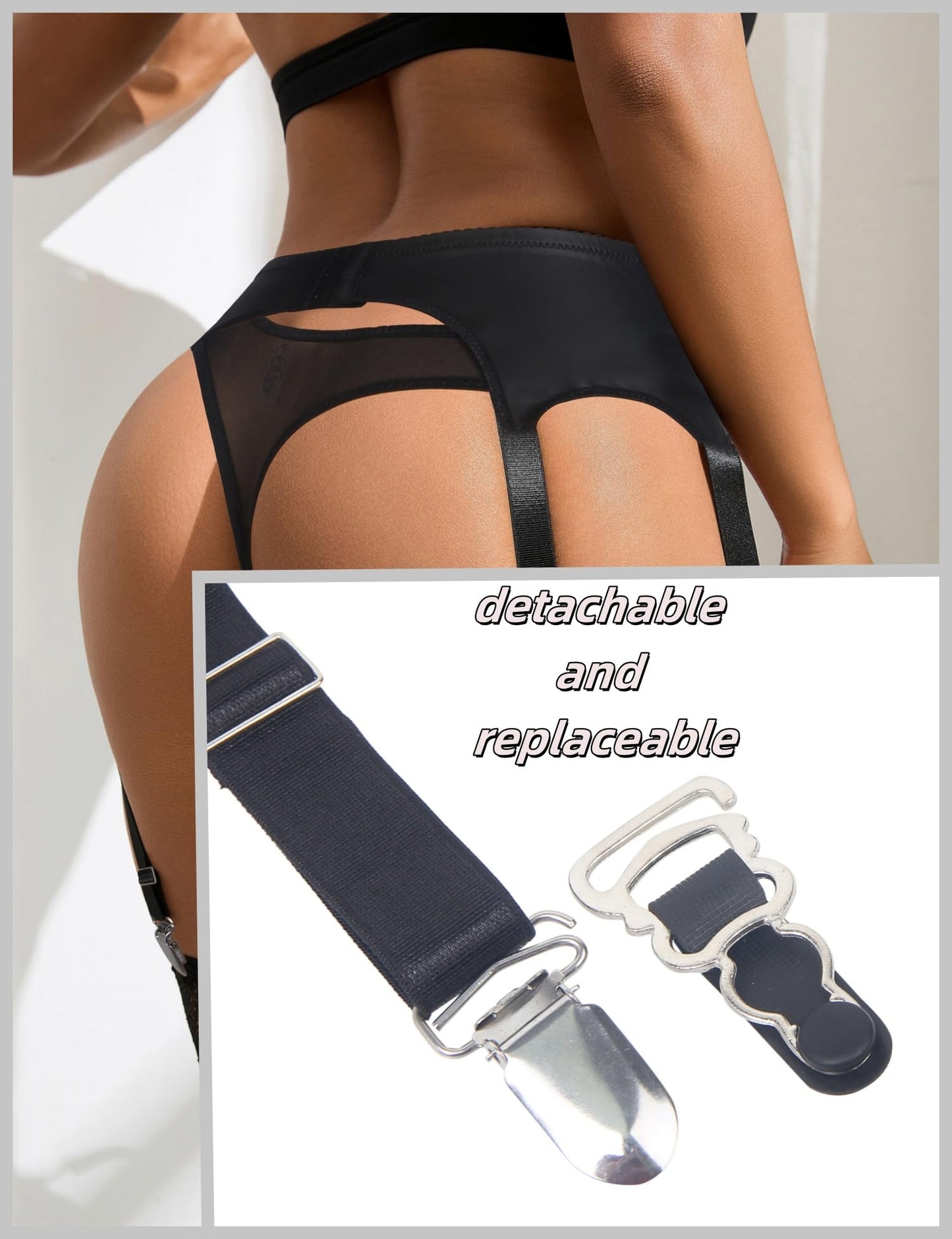 ohyeahlady Womens Faux Leather Garter Belt with 6 Strap Metal Clip Sexy Suspender Sets for Thigh Highs with G-String Thongs Black S