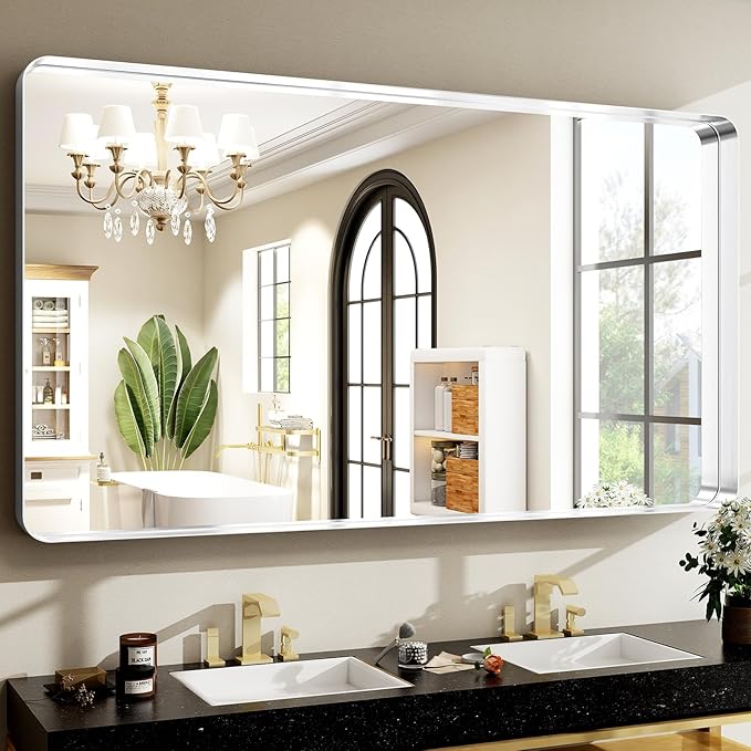 48 x 30 Inch Silver Bathroom Mirror, Rectangular Wall Mounted Shatterproof Mirror, Aluminum Alloy Frame with Rounded Corners, Horizontal or Vertical for Farmhouse Decor