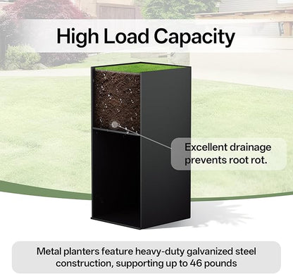 Metal Planter Box 14" x 14"x 30",Heavy-duty Galvanized Steel Outdoor Planter with Removable Built-in shelf and Drainage Holes,Rectangular Planter for Porches, Gardens, Patios, and Courtyards，Black