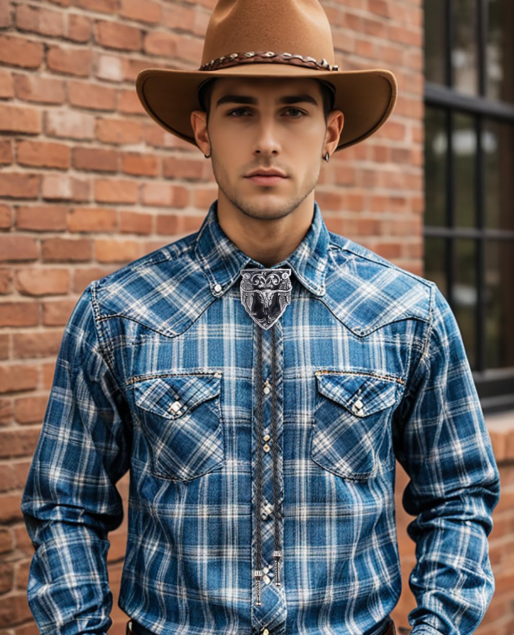 Popeoiuh Vintage Bolo Tie for Men Women Western Cowboy Leather Necktie Handmade Bolotie Cowboy Bull Head Shield Shape Bola Tie