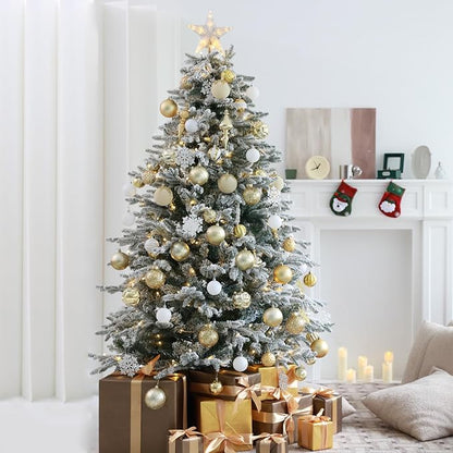 Christmas Tree Ornaments Decorations Set-116ct 1.18-6.5 Inch Assorted White Gold Shatterproof Decorative Hanging Christmas Ball Ornaments Bulk,Xmas Tree Tabletop Decorations for Holiday Decor