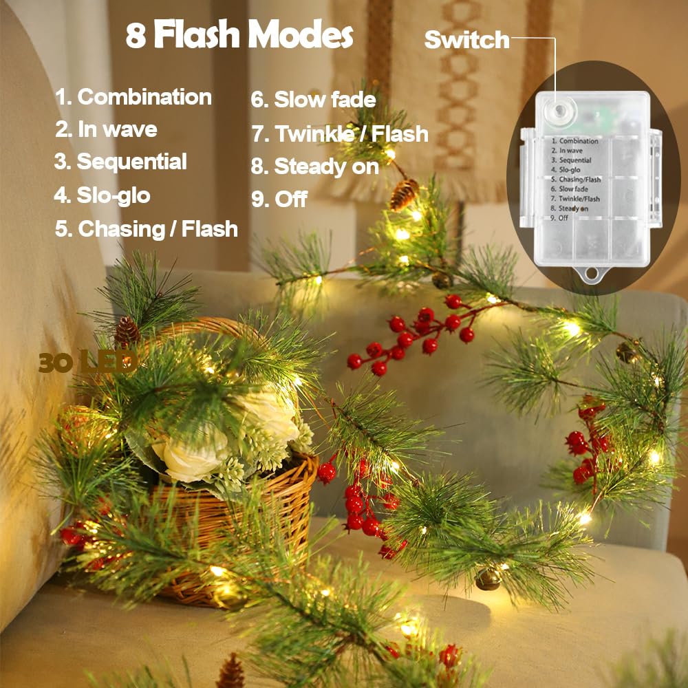 PALONMY Christmas Garland Lights 6.56 FT Smokey Pine Garland with 30 LED Fairy Lights Battery Operated Garland Lights with Red Berries Bells Pine Cones Christmas Indoor Home Decorations