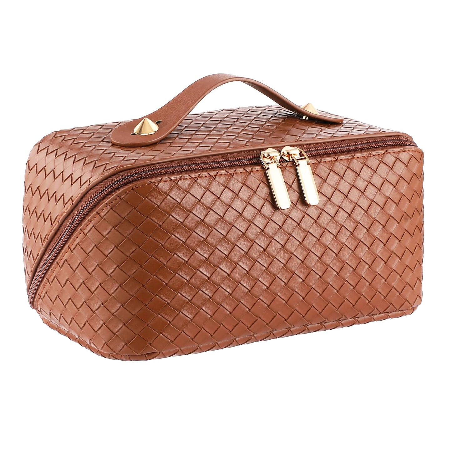Large Capacity Travel Cosmetic Bag - PU Leather Makeup Organizer Bag Portable Woven Makeup Bags for Women Waterproof Travel Toiletry Bag with Divider Pouch, Brown
