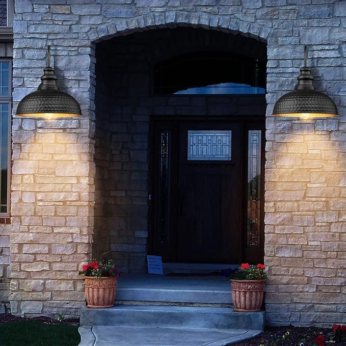 Dusk to Dawn Farmhouse Outdoor Barn Light Fixtures, 12 Inch Dome Gooseneck Exterior Wall Lights, Rustic Outdoor Wall Sconces Outside Wall Mount Lantern with Bead Shape for Porch, Garage, Doorway