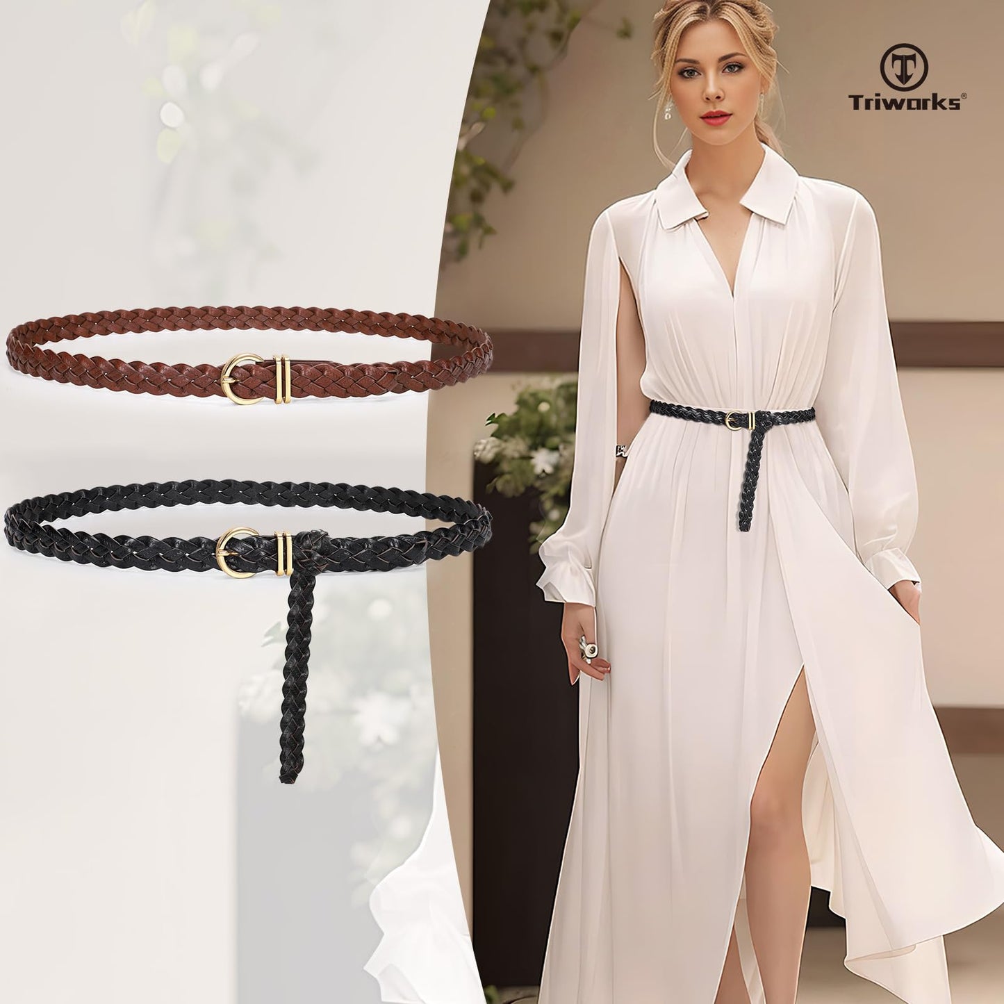 TRIWORKS 2 Pack Women's Leather Braided Skinny Belts Woven Thin Waist Belts for Jeans Pants Dresses