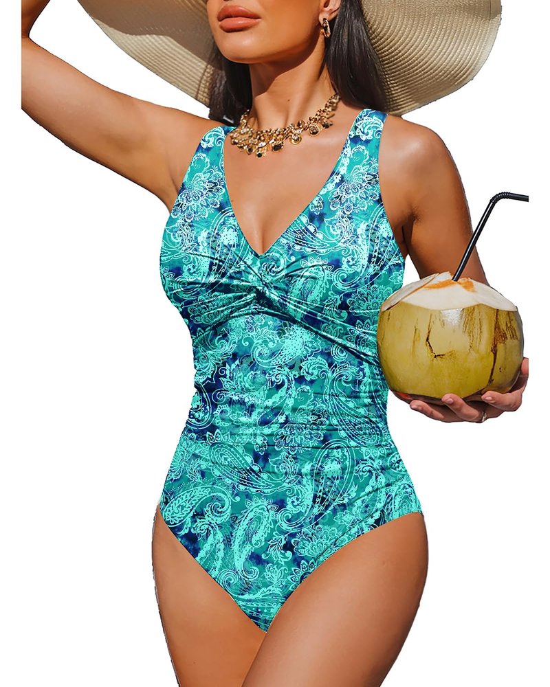 Holipick Green Paisley Women Tummy Control One Piece Swimsuit - Push Up Bathing Suit Full Coverage Slimming Swimwear XXL