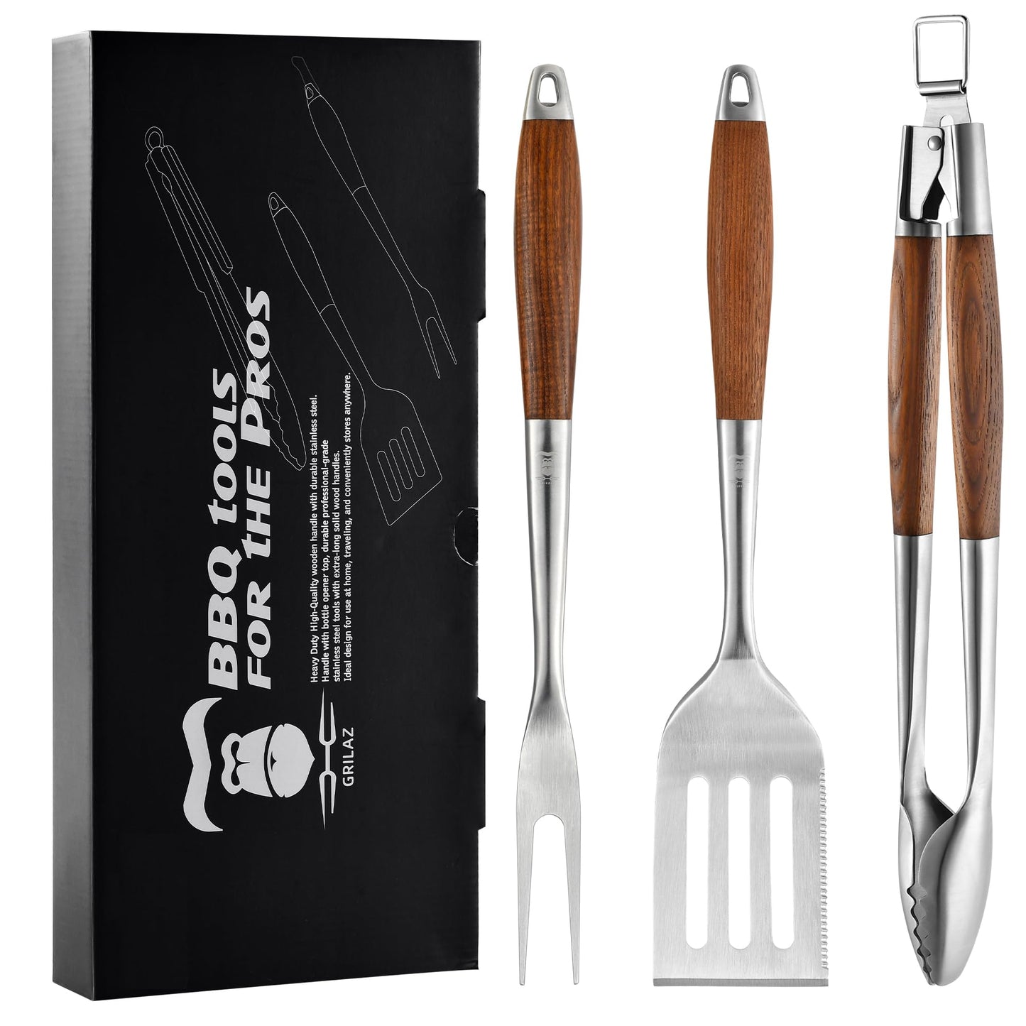 Heavy-Duty Heat-Treated Ash Wood BBQ Grilling Tools Set | Extra-Thick Stainless Steel Spatula, Fork & Tongs | Essential Barbecue Accessories, for Grill Enthusiasts