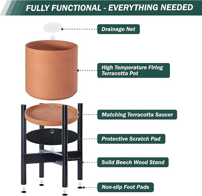 D'vine Dev Terracotta Planter with Ebony Stand - 8 Inch Modern Round Flower Pot with Wood Planter Holder, Terracotta, 55-B-M-5