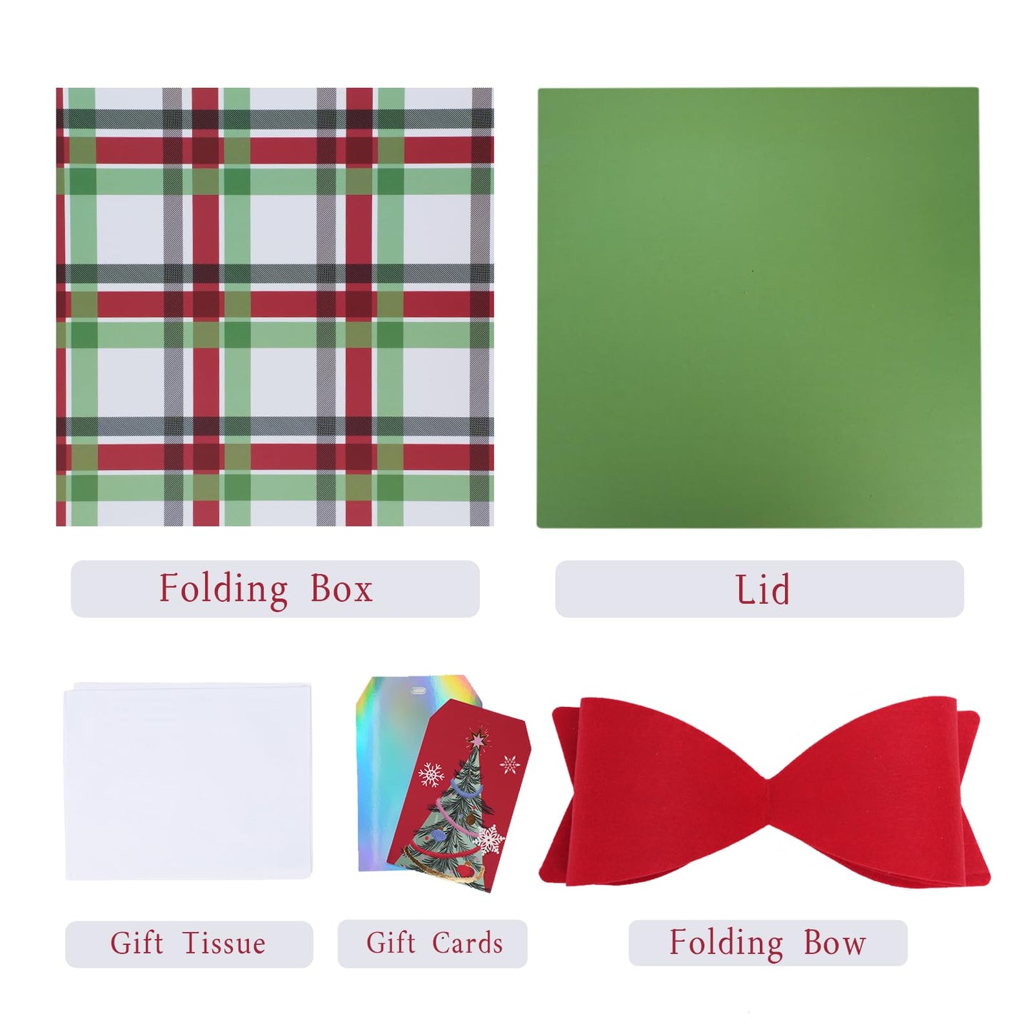 LaRibbons Large Christmas Gift Boxes with Lids,10x10x10 Inches Plaid Design Folding Square Gift Boxes for Christmas Decorative,Xmas,Present,Storage,Red and Green