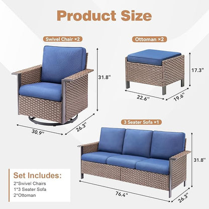 Outdoor Patio Furniture Set-5 Pieces All-Weather Wicker Patio Furniture with Outdoor Swivel Rocking Chairs Set of 2,Outdoor Patio Conversation Sets for Garden Porch Deck Brown/Blue