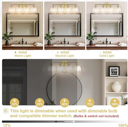Vintage Bathroom Light Fixtures,4-Light Hardwired Vanity Lights Over Mirror,Gold Wall Sconces with Clear Tulip Glass Shade for Bathroom Living Room,E26 Socket(Bulbs Not Included)