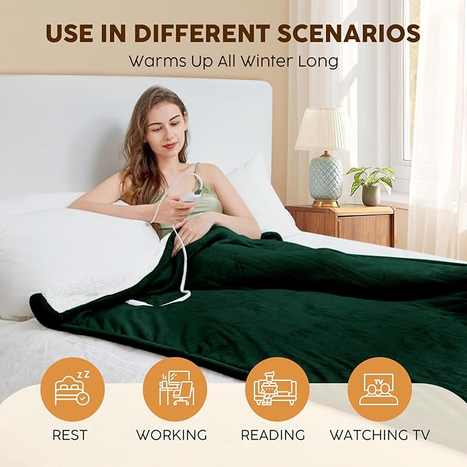 HYLEORY Heated Electric Blanket Queen 84"x90" Soft Fleece & Flannel with 5 Heating Levels & 10 Hours Timer Auto Shutt Off, ETL Certified, Washable，Heated Blanket for Body-Dark Green