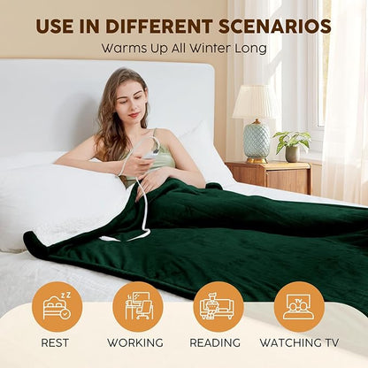 HYLEORY Heated Electric Blanket Twin 62"x84" Soft Fleece & Flannel with 5 Heating Levels & 10 Hours Timer Auto Shutt Off, ETL Certified, Washable，Heated Blanket for Body-Dark Green