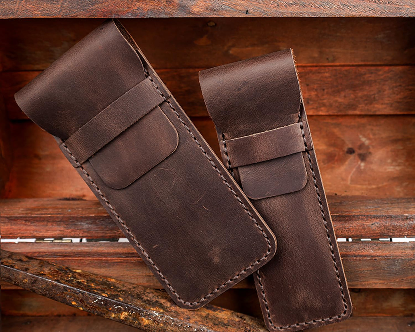 DK86 Genuine Leather Pen Case Holder Fountain Multi Pens Pouch Pen Protective Sleeve Cover - Small Coffee