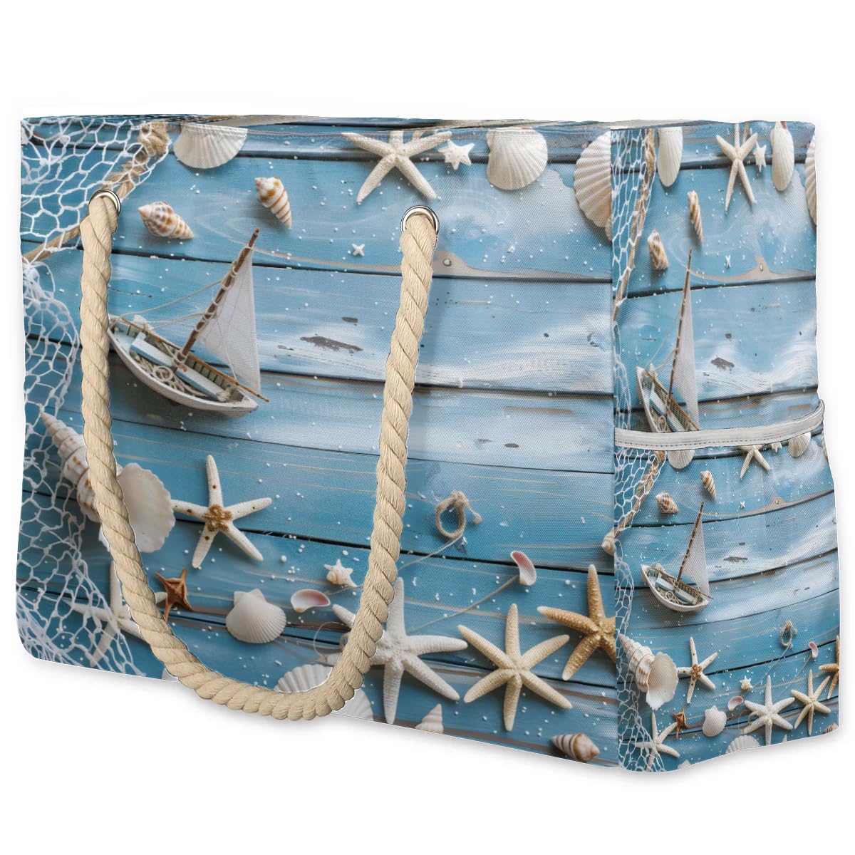 ModaQua Starfish Shell Nautical Beach Bags Waterproof Sandproof for Women, Large with Zipper Pool Beach Tote Reusable Grocery Shoulder Bag for Swim Travel Shopping Vacation Picnic