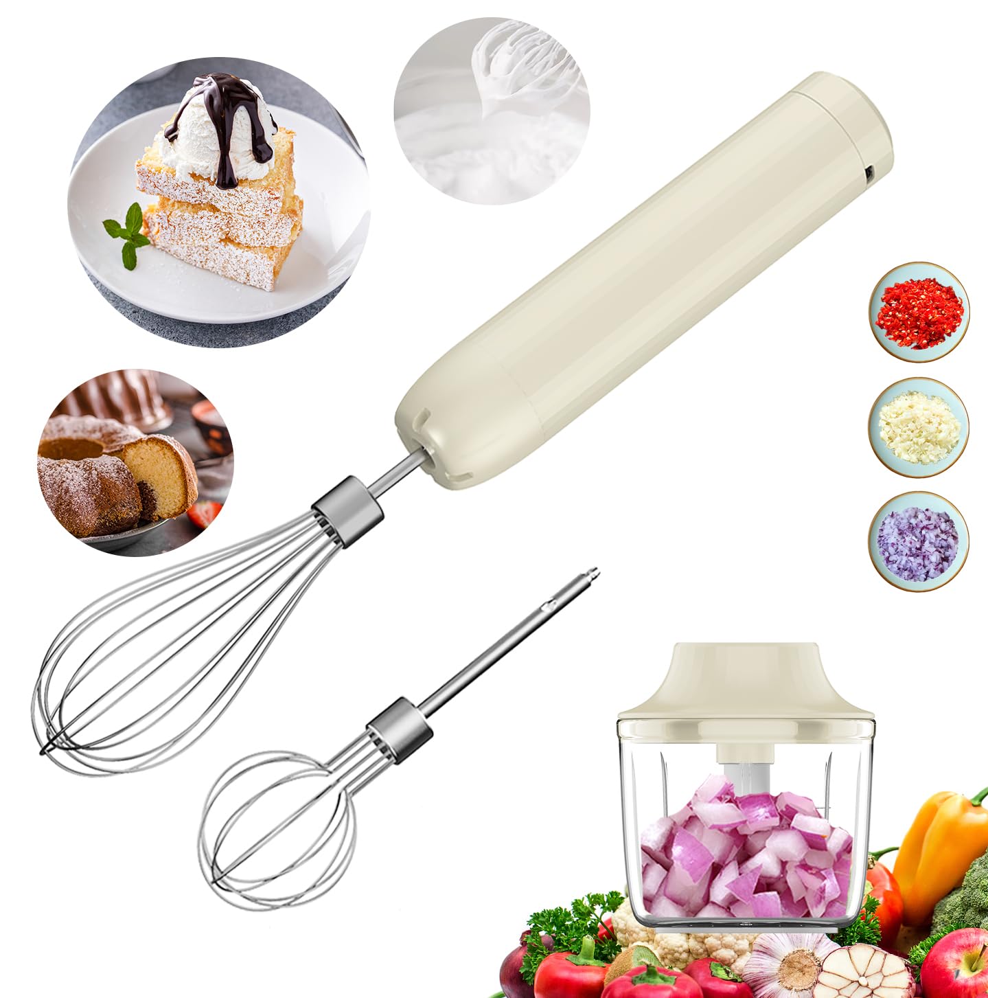 4-in-1 Electric Hand Mixer, Electric Whisk, Mini Onion Chopper 10Oz, Small Cordless Hand Blender, Milk Frother Wand for Coffee, Matcha, 4 Speed Rechargeable Food Processor for Baby Food Maker