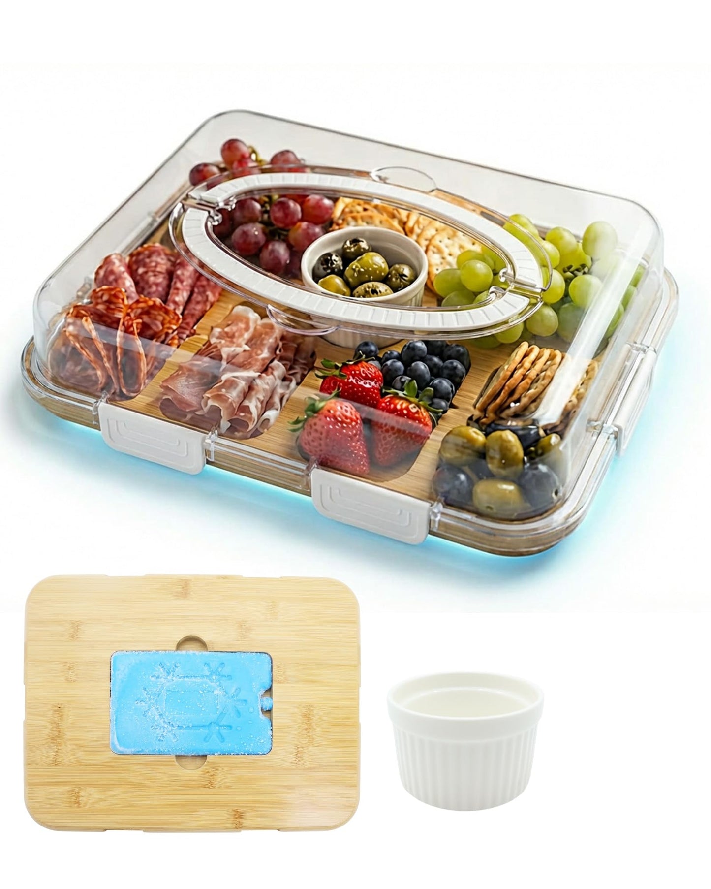 Charcuterie Board with Lid & Ice, Upgraded 6 Snap Laches, Sauce Cup Included, Large Portable Cheese Tray with Handle, Serving Tray for Picnic & Pool, House Warming Gifts New Home (White)