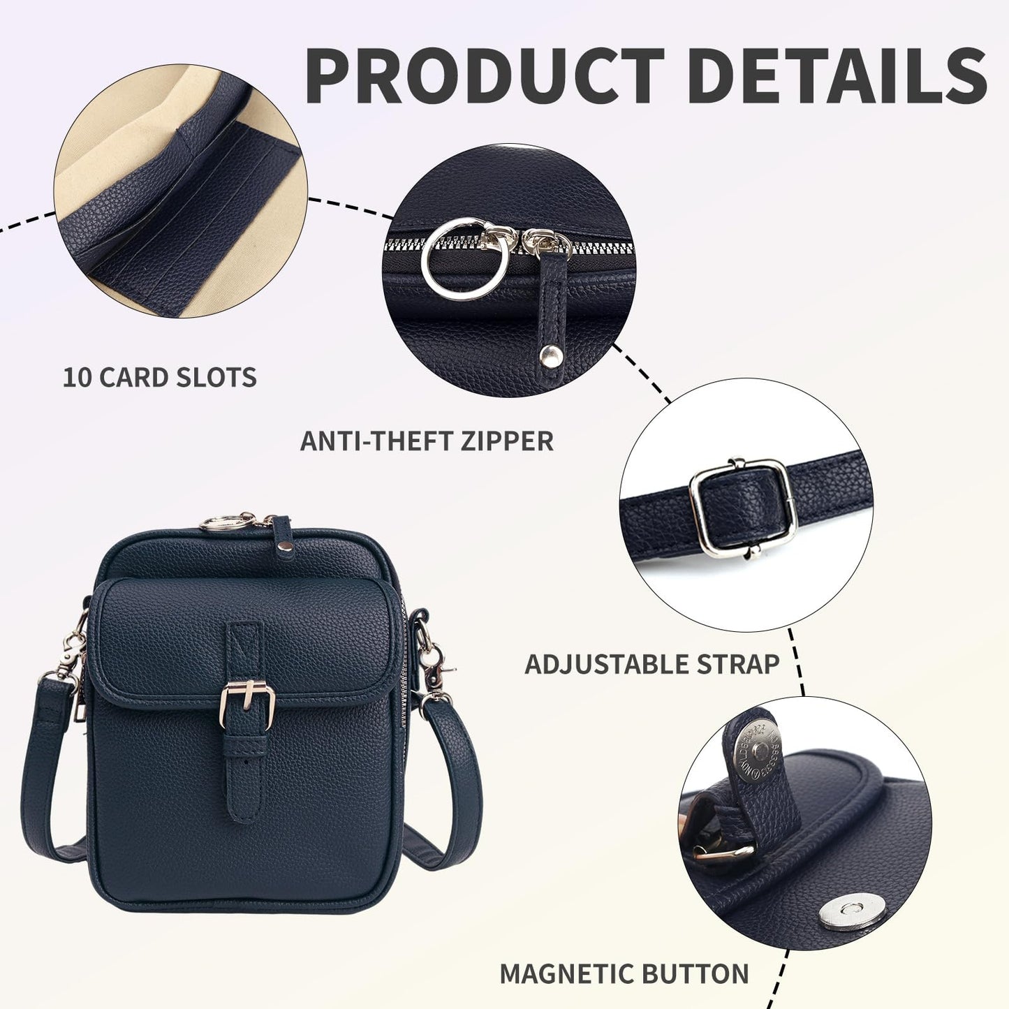 Crossbody Leather Bag,Double Layer Large Capacity Messenger Bagfor Women,Retro Faux Leather Built in Anti Theft Bag(Navy)