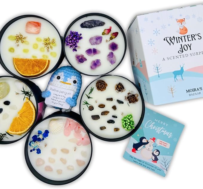 Moira's Bazaar Winter's Joy Gift Set – 16 Oz 50 Hr Scented Candle with Crystals & a Crochet Positive Penguin | Christmas, Holiday, or Motivational Gift, Artisanal Luxury Fragrances (Festive Spice)