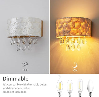 2-Lights Capiz Shell Crystal Wall Sconces, Coastal Design Indoor Wall Lamp, Vanity Wall Mount Light Fixture for Bathroom, Hallway, Bedroom, Shell Lampshade, Crystal Pendants & Gold Finish