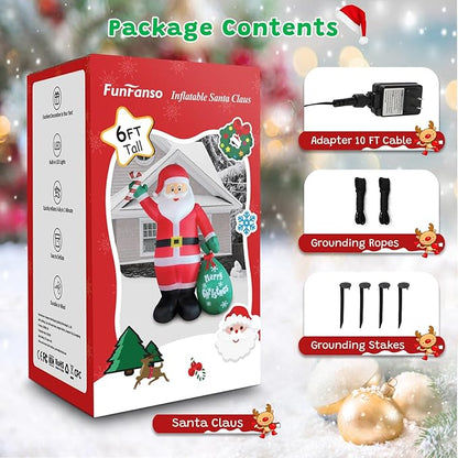 6FT Christmas Inflatable Santa with Candy and Big Gift Bag Outdoor Decorations, Built-in Brilliant Led Lights Blow Up Xmas Yard Decor, Kindly Festival Decor for Yard Lawn Garden Indoor Holiday Party