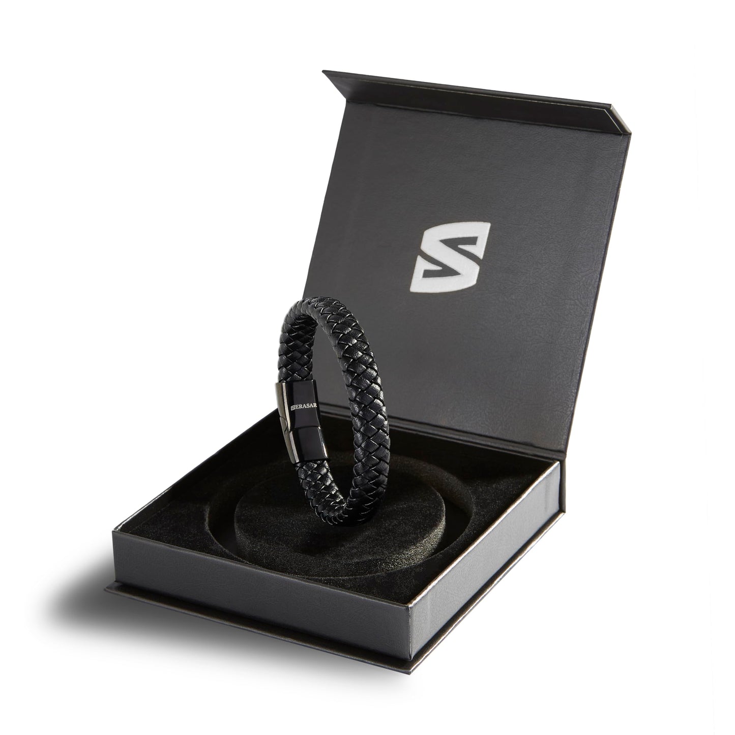 SERASAR Pulsera de Cuero Negro para Hombre, 17cm, Caja Regalo, Real, Piel Vaca, Ajustable, Cierre Magnético, Cuerda Envoltura, Masculino, Pulseras, Banda, Joyas, Imán
