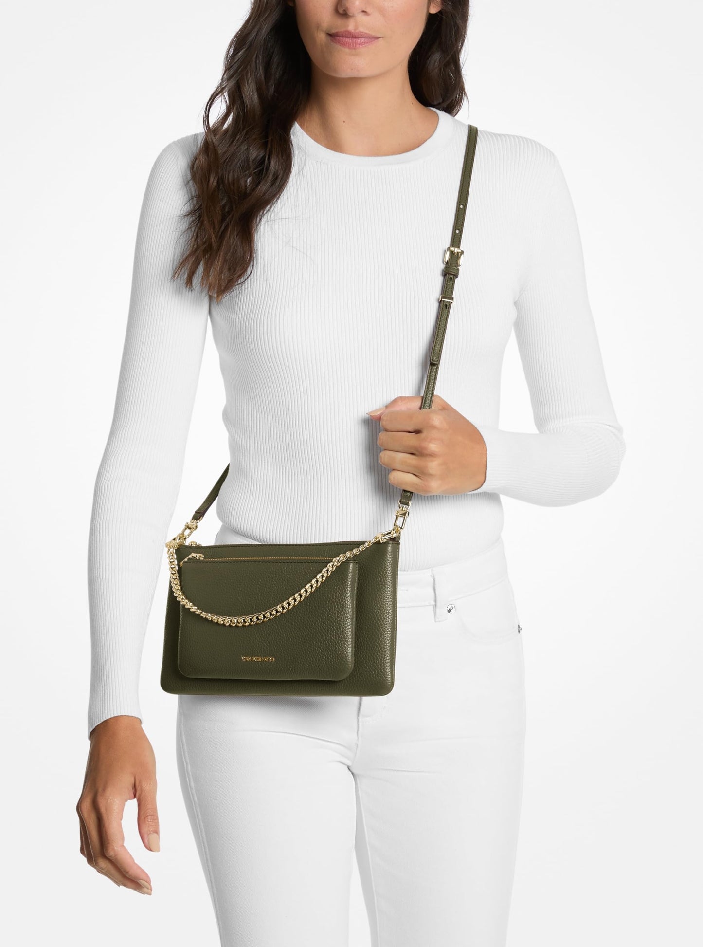 Michael Kors Jet Set Medium Pocket Convertible Crossbody Bag, Gold-Tone Hardware/Pebble Leather/Ivy