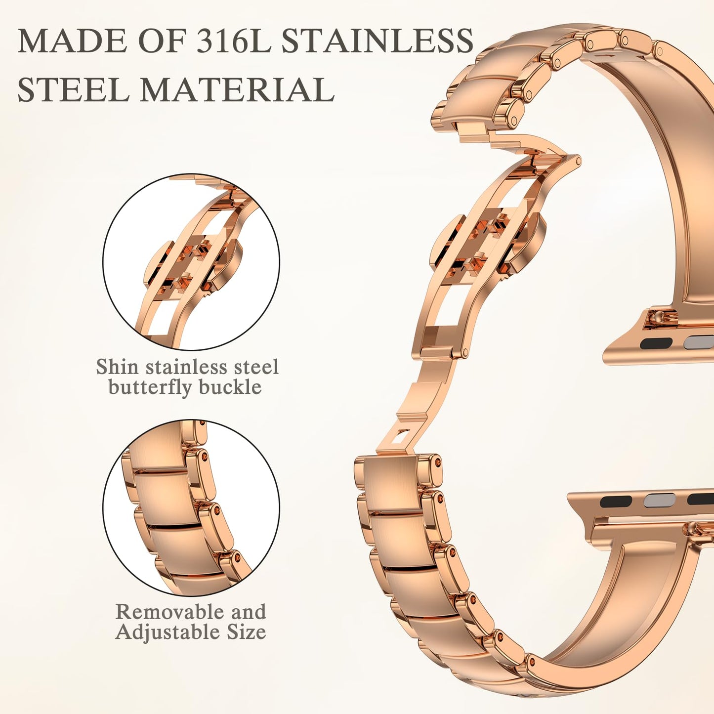 BAITEYOU Thin Narrow Stainless Steel Bands Compatible with Apple Watch Band 49mm 46mm 45mm 44mm Series Ultra 11 10 9 8 7 6 5 4 SE 3 2 1 42mm for Women, Dressy Metal iWatch Strap Bracelet Rose Gold