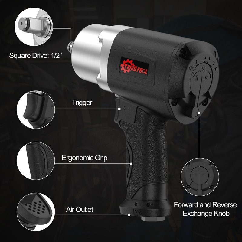 Trivd Frol Air Impact Wrench 1/2" - 1/2 Inch Impact Gun 1/2 Drive, 1500Ft-lbs, 8000RPM High Torque Impact Wrench, Weight 4.74 lb, 1/2 Air Impact Gun for Auto Repair, Tire Shop
