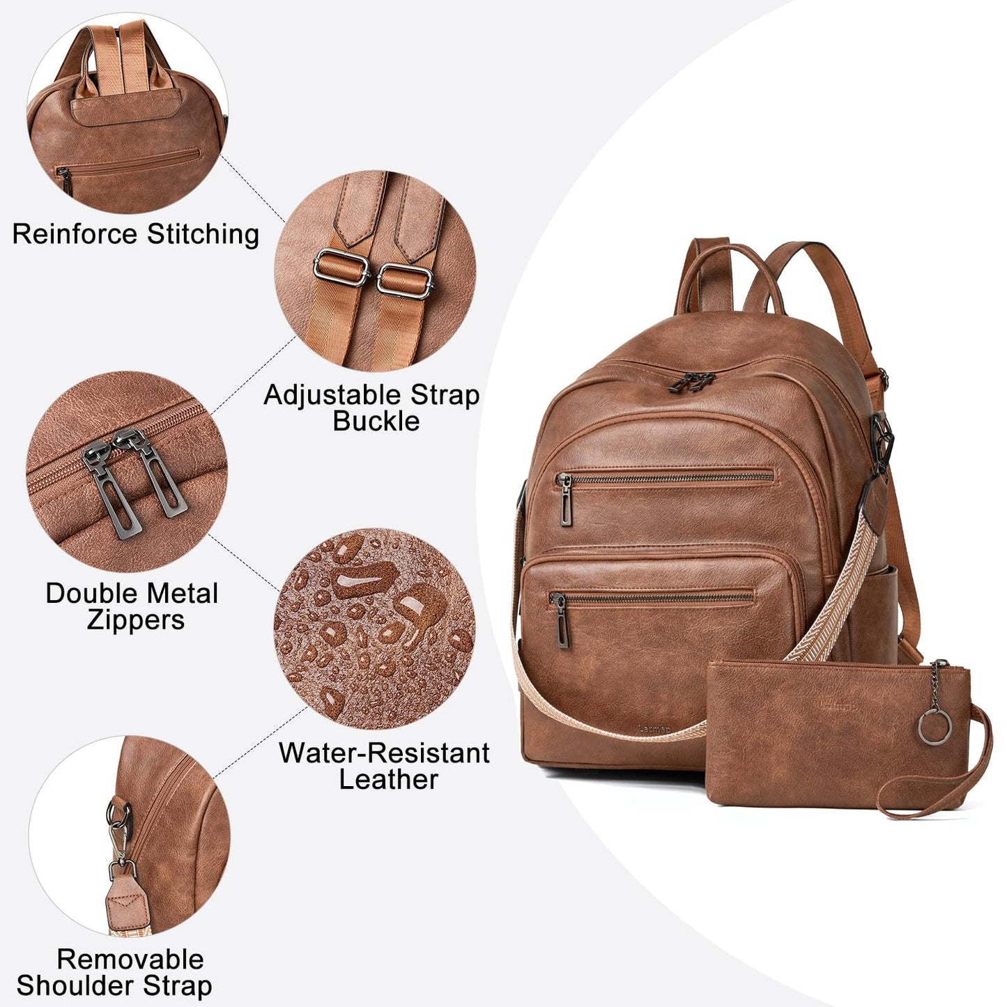 LATMAP Backpack Purse for Women Laptop Backpack, Leather Travel Backpack Shoulder Bag Teacher College Daypack Work Handbag fits 14" Laptop-Brown