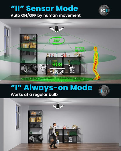 Motion Sensor Garage Lights 8000LM, Deformable Motion Activated LED Garage Ceiling Light Bulbs, 3 Modes & 360° Detection, Sensor Lights Bulb Indoor for Workshop/Barn 2-Pack