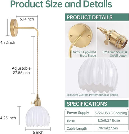 Battery Operated Wall Sconce with White Tulip Shade Pattern Glass Adjustable Chain Retro Gold Wall Mounted Light, Modern Wall Lamp Fixtures Decor for Bedside Bedroom Indoor Doorway，Set of 2