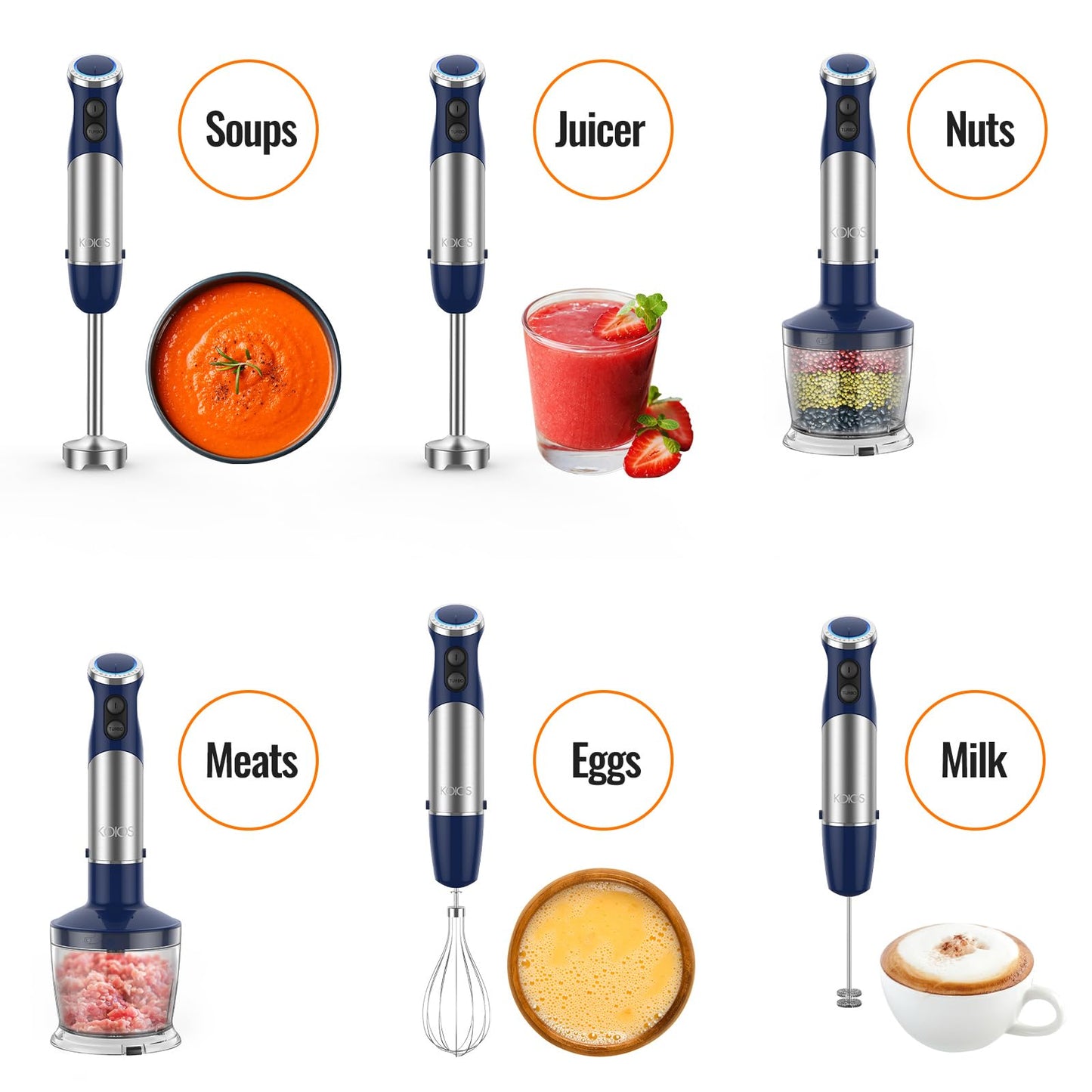 KOIOS 5-in-1 Hand Immersion Blender, 1000W 12 Speed Handheld Blender Stick with Copper Motor Stainless Steel Blade, 600ml Mixing Beaker,500ml Food Processor, Whisk, Milk Frother, Non-BPA, Red