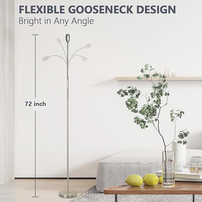Reading Floor Lamp, 72" Tall LED Lamp with Flexible Gooseneck, Dimmable Zoomable Spotlight, Adjustable Color Beam Standing Lamp, Touch & Remote Control, Task Craft Bedroom Living Room (Brushed Nickel)