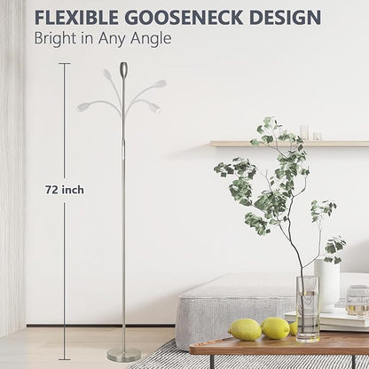 Reading Floor Lamp, 72" Tall LED Lamp with Flexible Gooseneck, Dimmable Zoomable Spotlight, Adjustable Color Beam Standing Lamp, Touch & Remote Control, Task Craft Bedroom Living Room (Brushed Nickel)