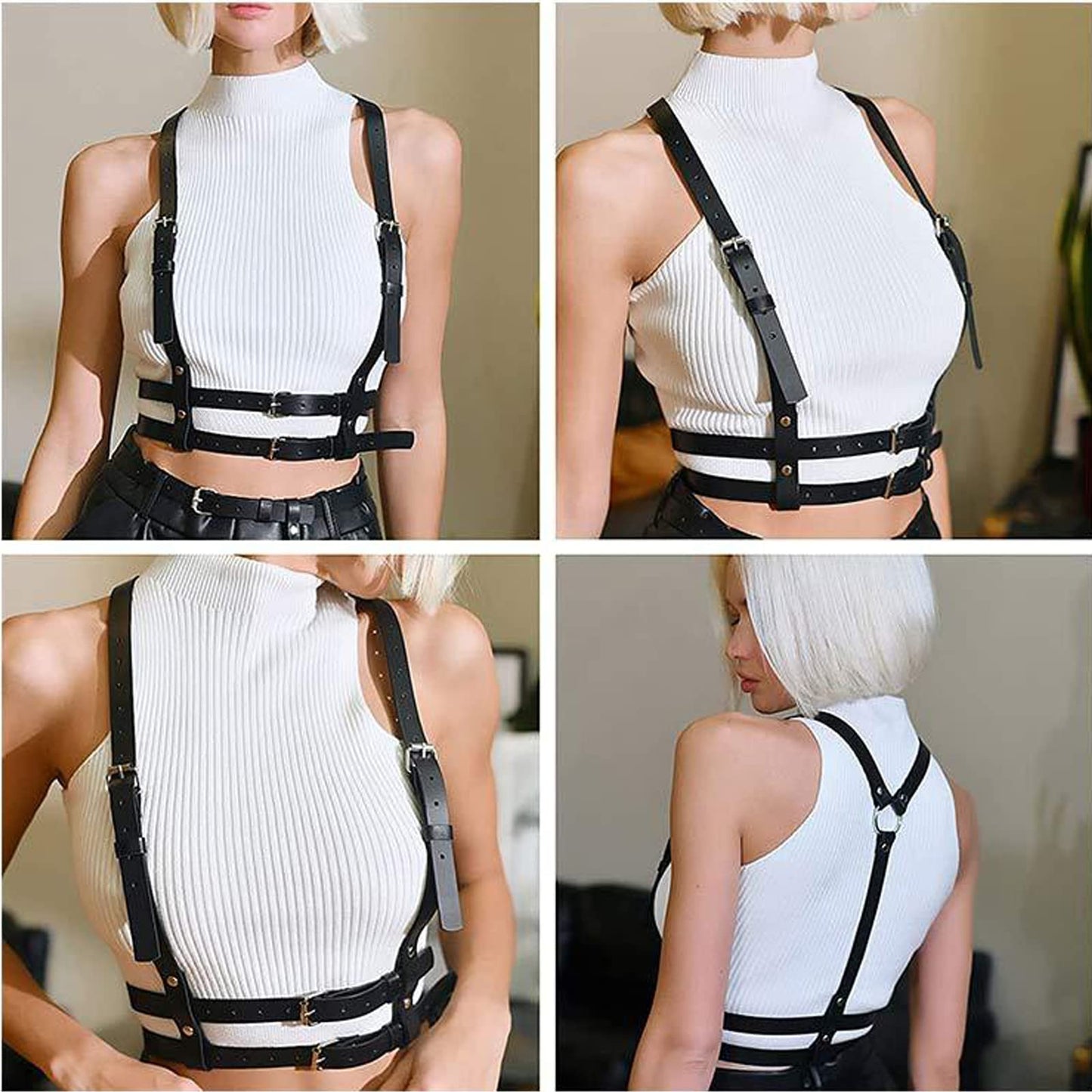 Punk Black Pu Leather Belt, Harness Belt for Women Gothic Body Adjustable Waist Rave Dresses Party Accessories