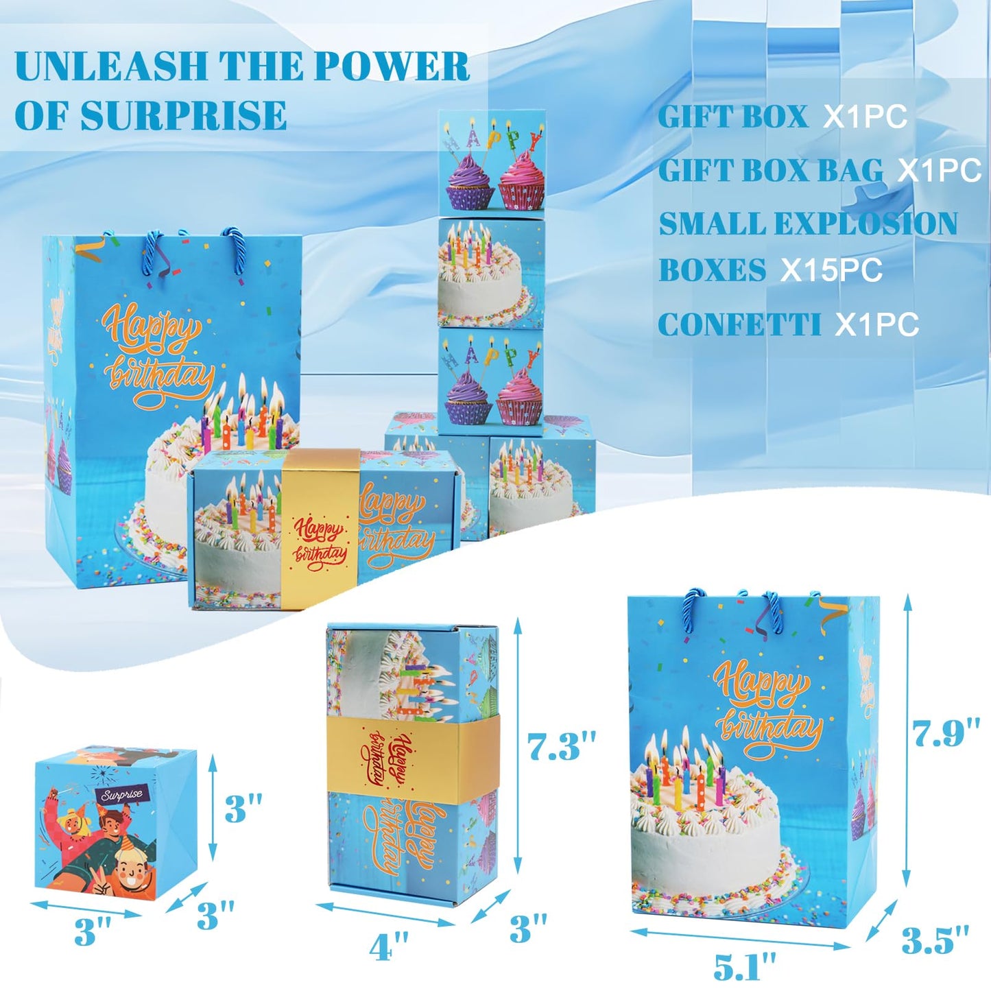 Surprise Gift Box Explosion for Money, Unique Folding Bouncing Red Envelope Gift Box with Confetti, Cash Explosion Luxury for Birthday Anniversary Valentine Proposal (15 Bounces) (Blue Birthday)