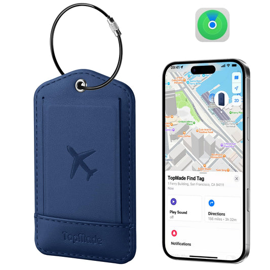 TopMade Smart Luggage Tag with Apple Find My, Premium Leather Luggage Tags for Suitcase, Travel Bags, Backpacks, Anti-Lost Suitcase Tag Tracker for Travel with Privacy Name Card, Rechargeable, Blue