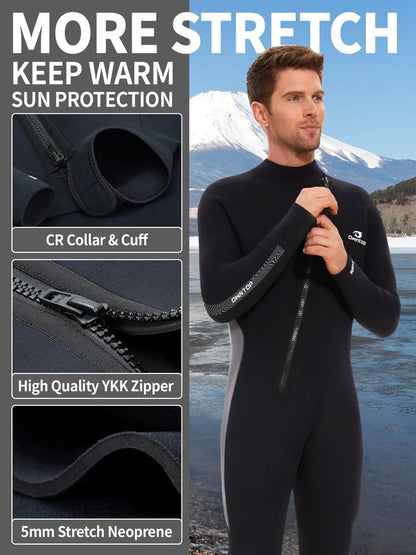Owntop 5mm Wetsuit for Men - Long Sleeve Full Diving Suits Stretch One Piece Dive Skin UPF50+ Thermal Neoprene Swimwear Ideal for Scuba Surfing Snorkeling, Gray XL