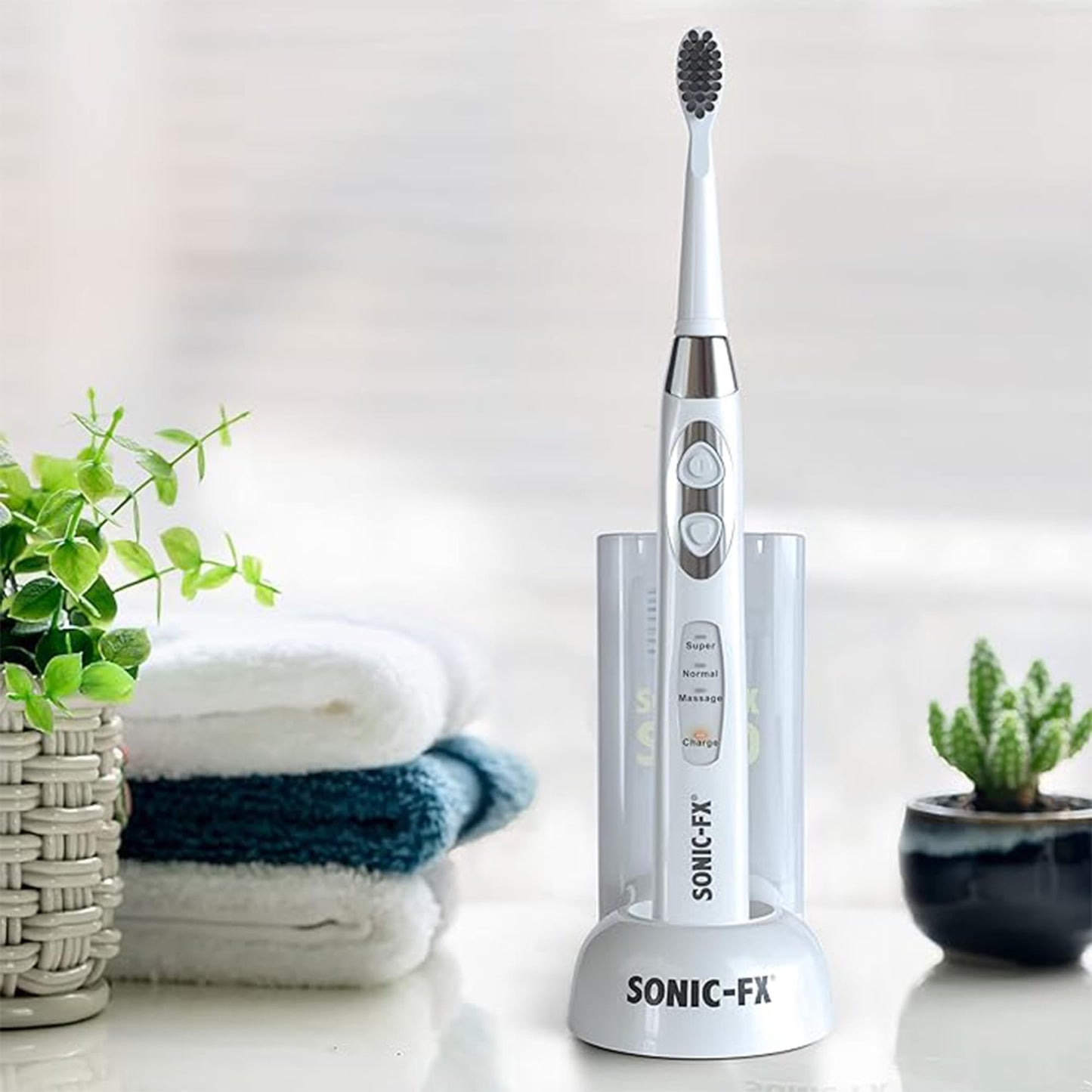 Sonic-FX Solo Electric Toothbrush - 3 Brushing Modes - with Intelligent Auto-Timer, Includes 2 Tooth Brush Heads, and 1 Interdental Head, Rechargeable, Electronic Charging/Storage Base (Black)