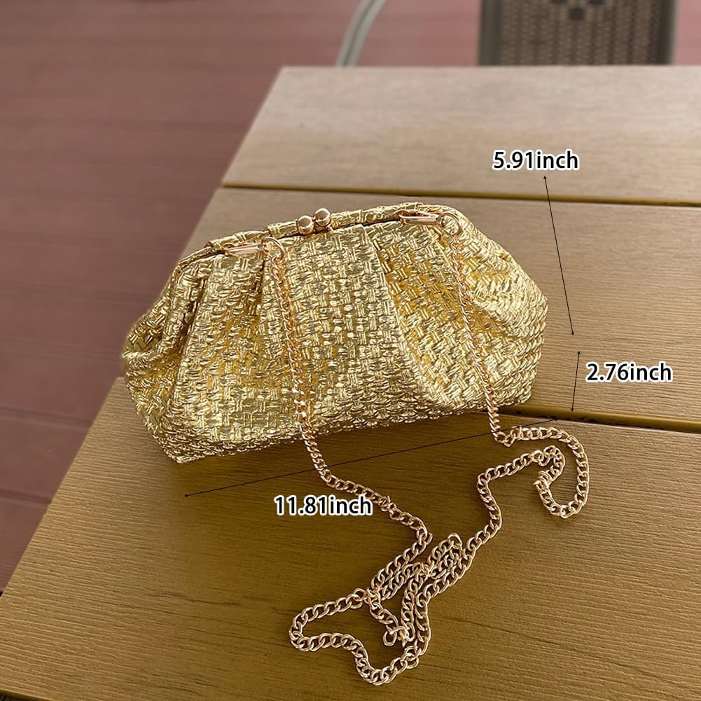 CUXVA Woven Pattern Clutch Purse Ruched Dumpling Evening Bag Chain Strap Handbags Elegant PU Leather Clutch Bag
