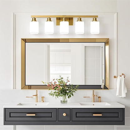 Brushed Gold Bathroom Vanity Light,5-Light Bathroom Light Fixtures with Square Frosted Glass,Gold Bathroom Wall Lamp Sconces for Mirror Bedroom,Living Room Hallway,E26