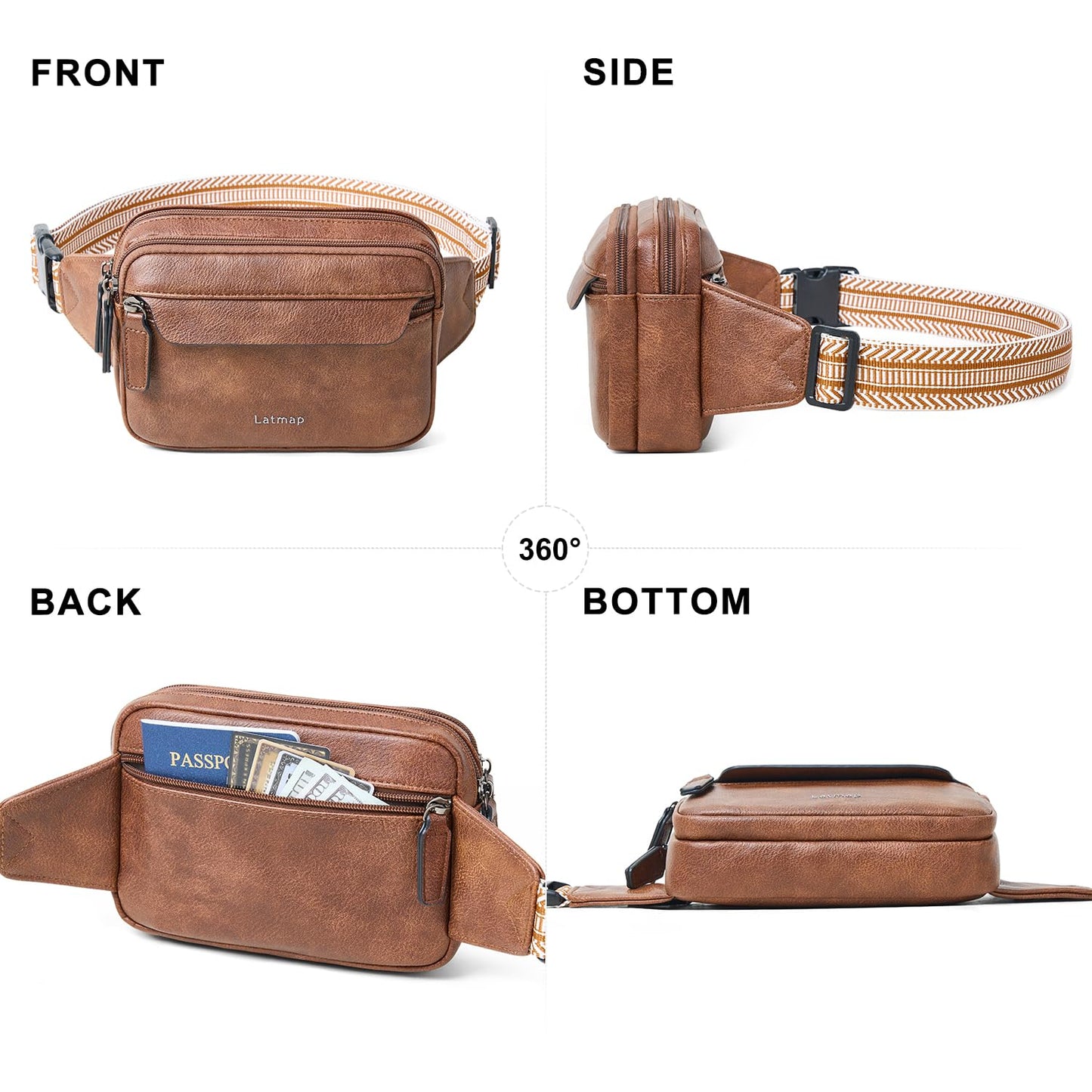 LATMAP 3L Fanny Packs for Women Cross Body Bag Vegan Leather Chest Belt Bag Fashion Waist Pack Small Bum Bag Crossbody for Travel Running Workout, Brown