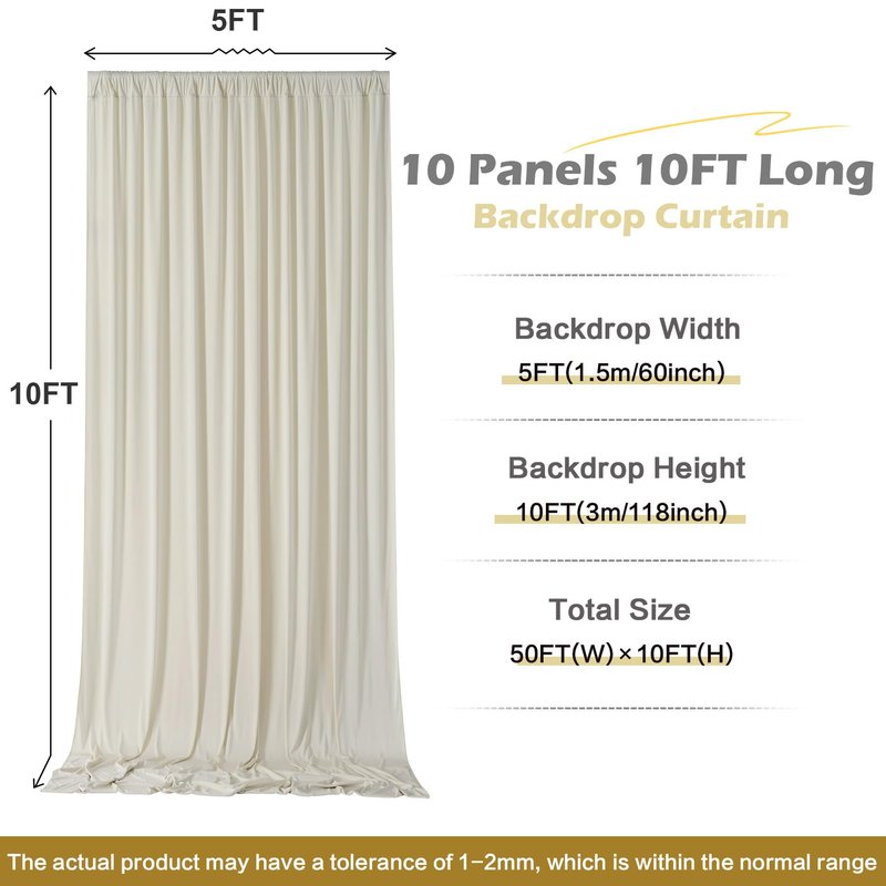 50 ft x 10 ft Wrinkle Free Champagne Backdrop Curtain for Parties, 10 Panels 5x10ft Silky Polyester Wedding Backdrop Drapes Photo Back Drop Cloth for Birthday Baby Shower Photography Background