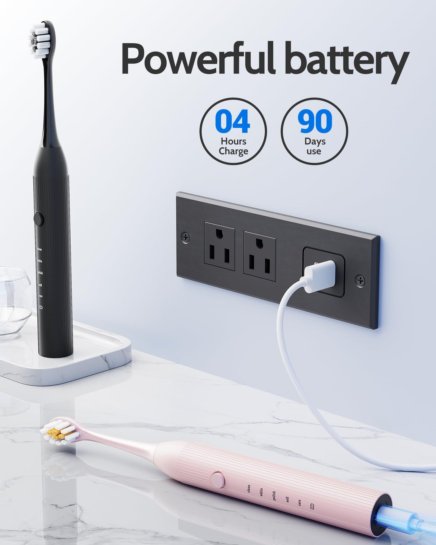 2 Pack Electric Toothbrush for Adults and Kids - Rechargeable Kids Ages 12+ and Adults with 12 Brush Heads & 2 Electric Toothbrush, 90 Days Battery Life - Black and White