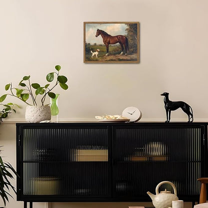 Framed Vintage Wall Art, Rustic Horse and Dog Pictures Wall Decor, Farmhouse Animal landscape Paintings Canvas Prints Neutral Aesthetic Home Decor for Living Room Bedroom Bathroom Office 12x16 inch