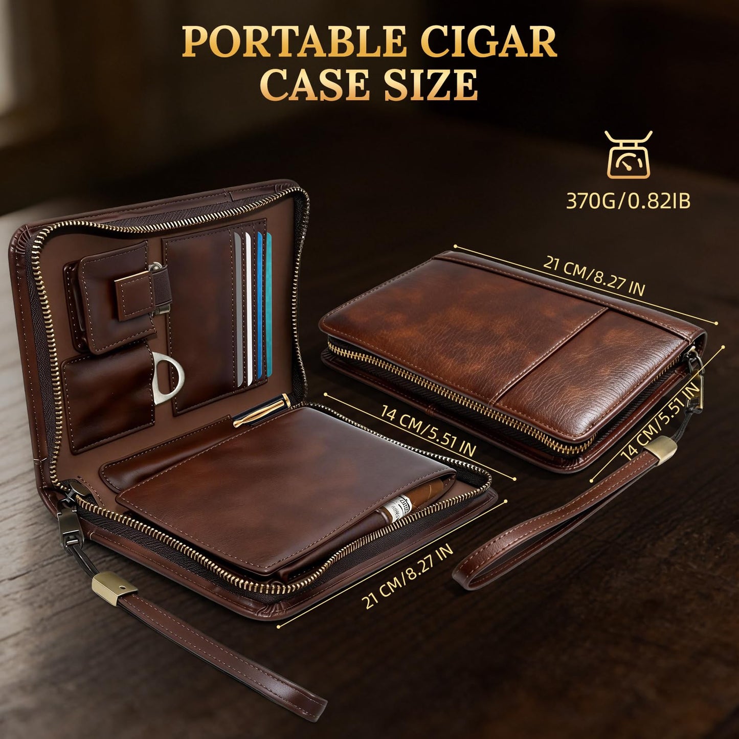Travel Cigar Humidor, Handmade Crazy Horse Leather Cigar Case for Men, Portable Cigar Box Holds 5 Cigars with Phone & Lighter Pockets, Ideal Gift for Cigar Lovers - Brown