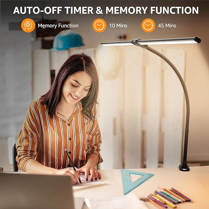 ShineTech Led Desk Lamp for Office Home, Bright Double Head Desk Light with Clamp, Architect Task Lamp 50 Lighting Modes Adjustable Flexible Gooseneck Lamp