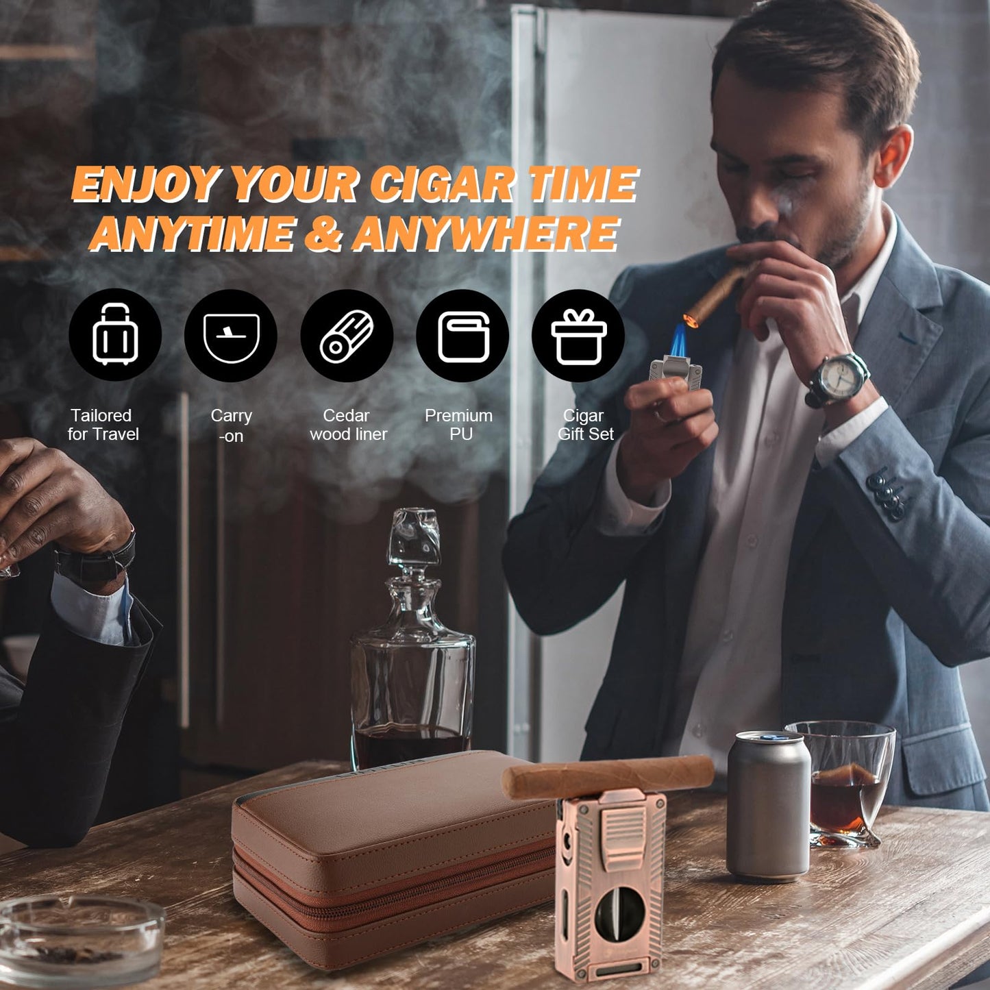 LIHTUN Cigar Humidor, Leather Cedar Wood Travel Cigar Case and Multifunctional in 1 Cigar Lighter Set Portable Travel Humidor Box Cigar Gift for Men (Brown)